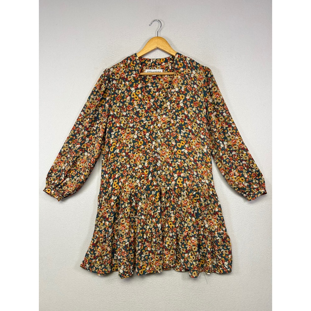 Boho Cottagecore Emma & Michele Womens Small Teal Floral Tiered Mini Dress